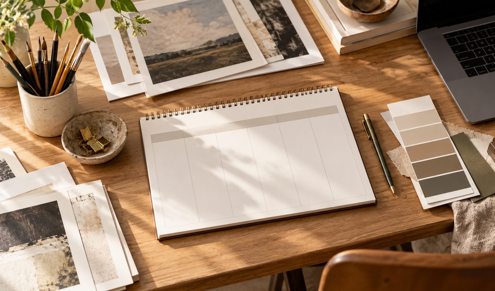 An artist’s blank application calendar with portfolio prints and supplies on a studio desk
