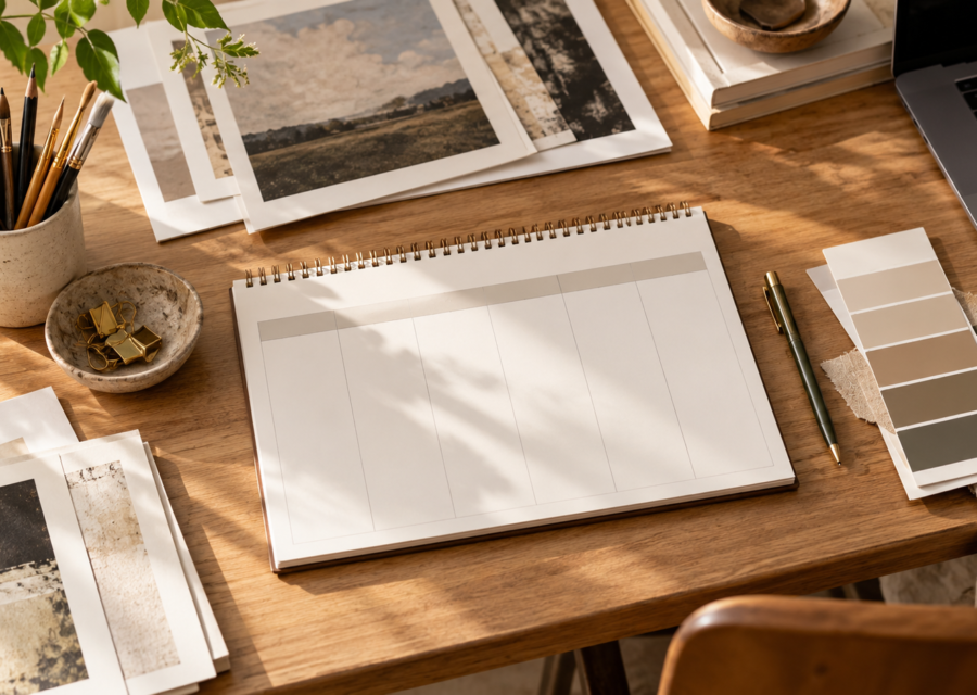 An artist’s blank application calendar with portfolio prints and supplies on a studio desk