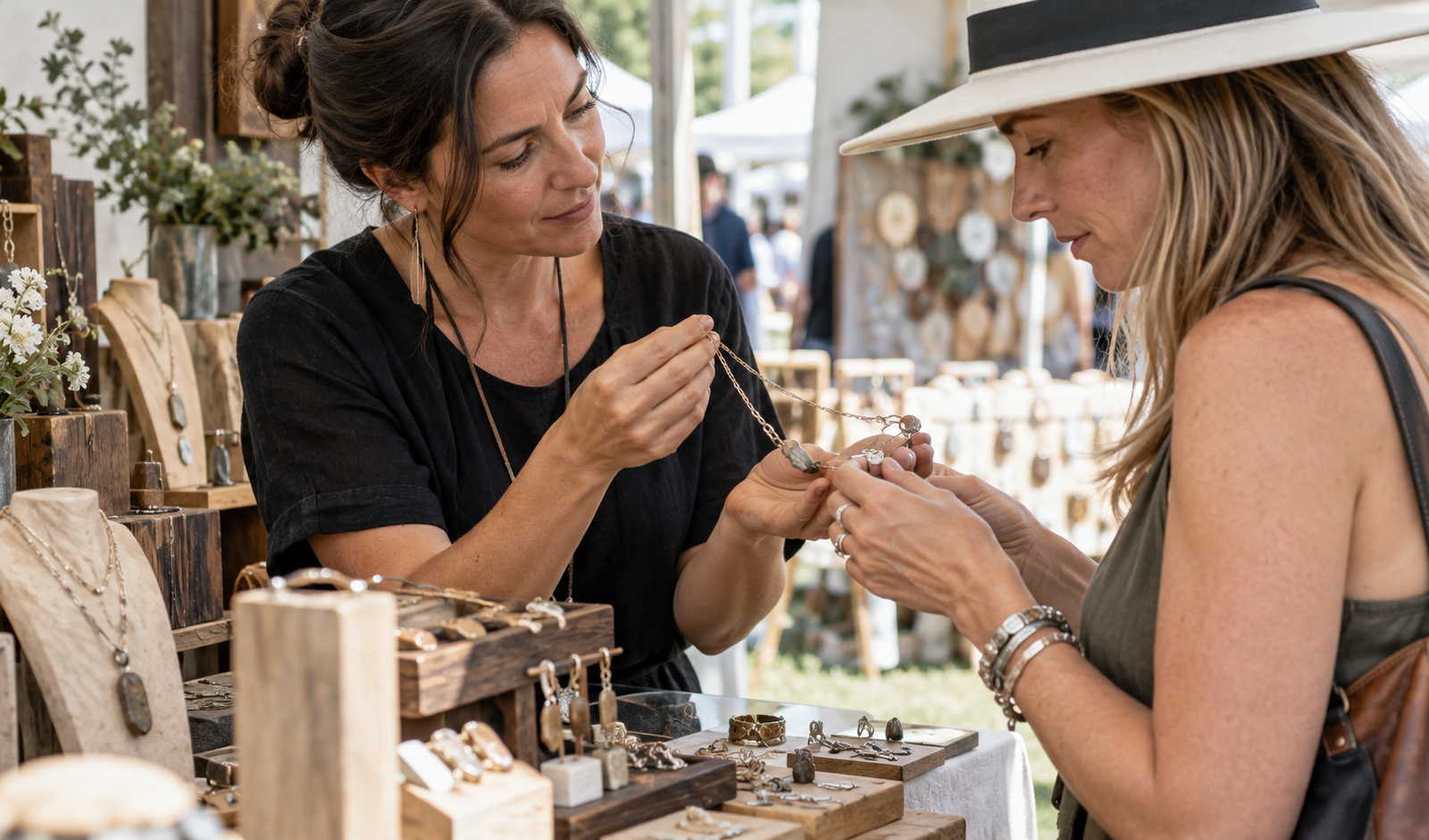 A jewelry artist shows a handmade necklace to a visitor at an outdoor art show