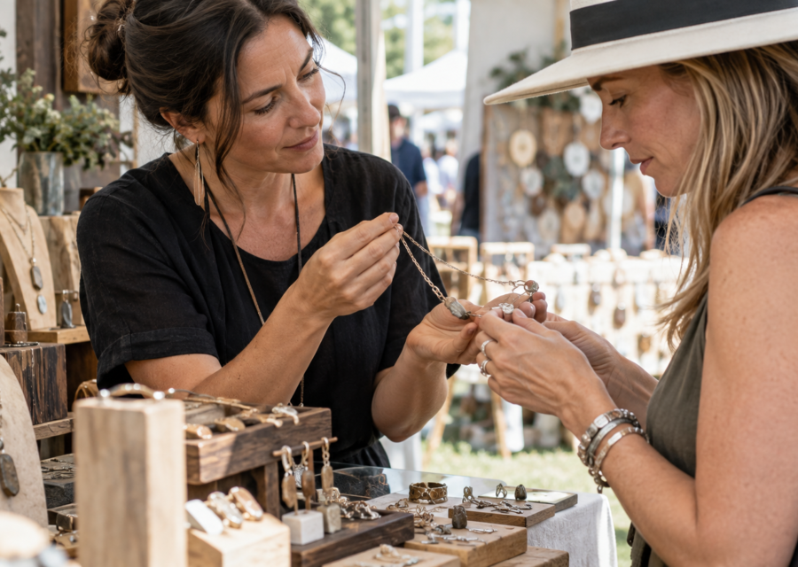 A jewelry artist shows a handmade necklace to a visitor at an outdoor art show