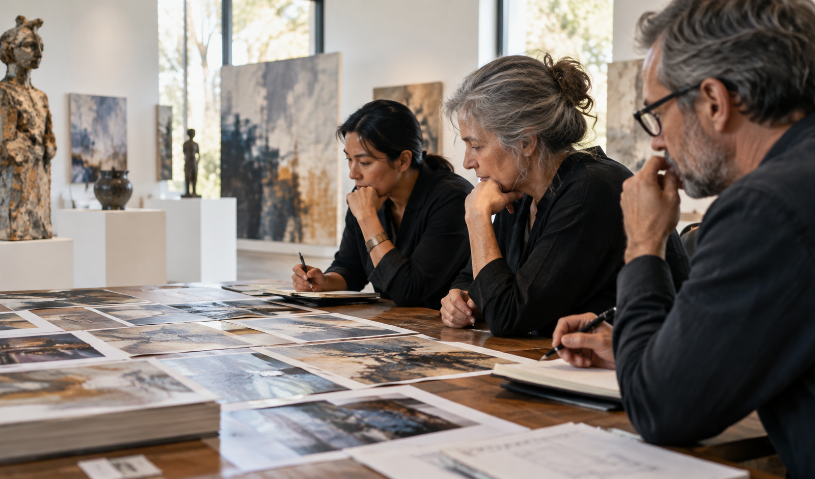 Jurors review artwork images and notes together at a table