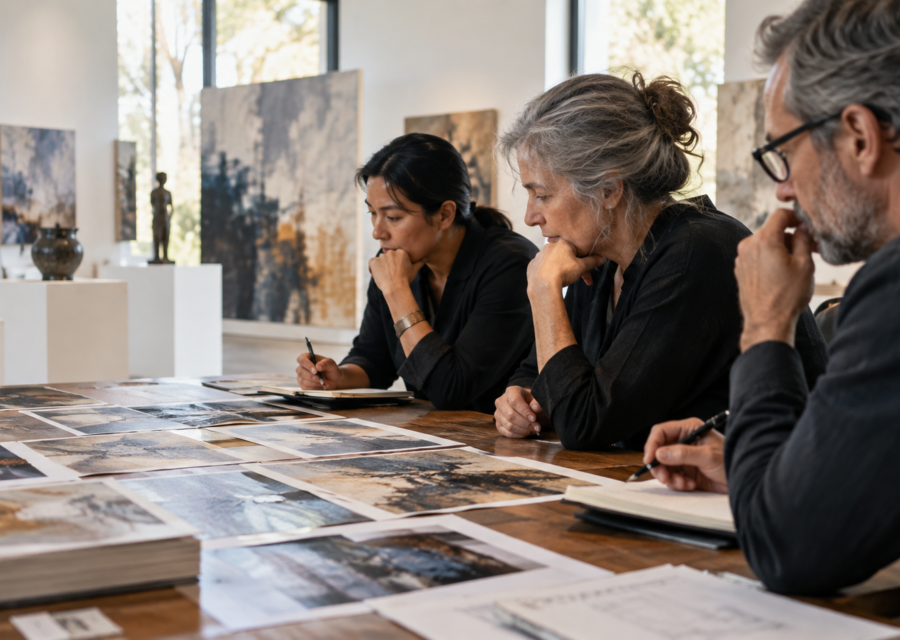 Jurors review artwork images and notes together at a table
