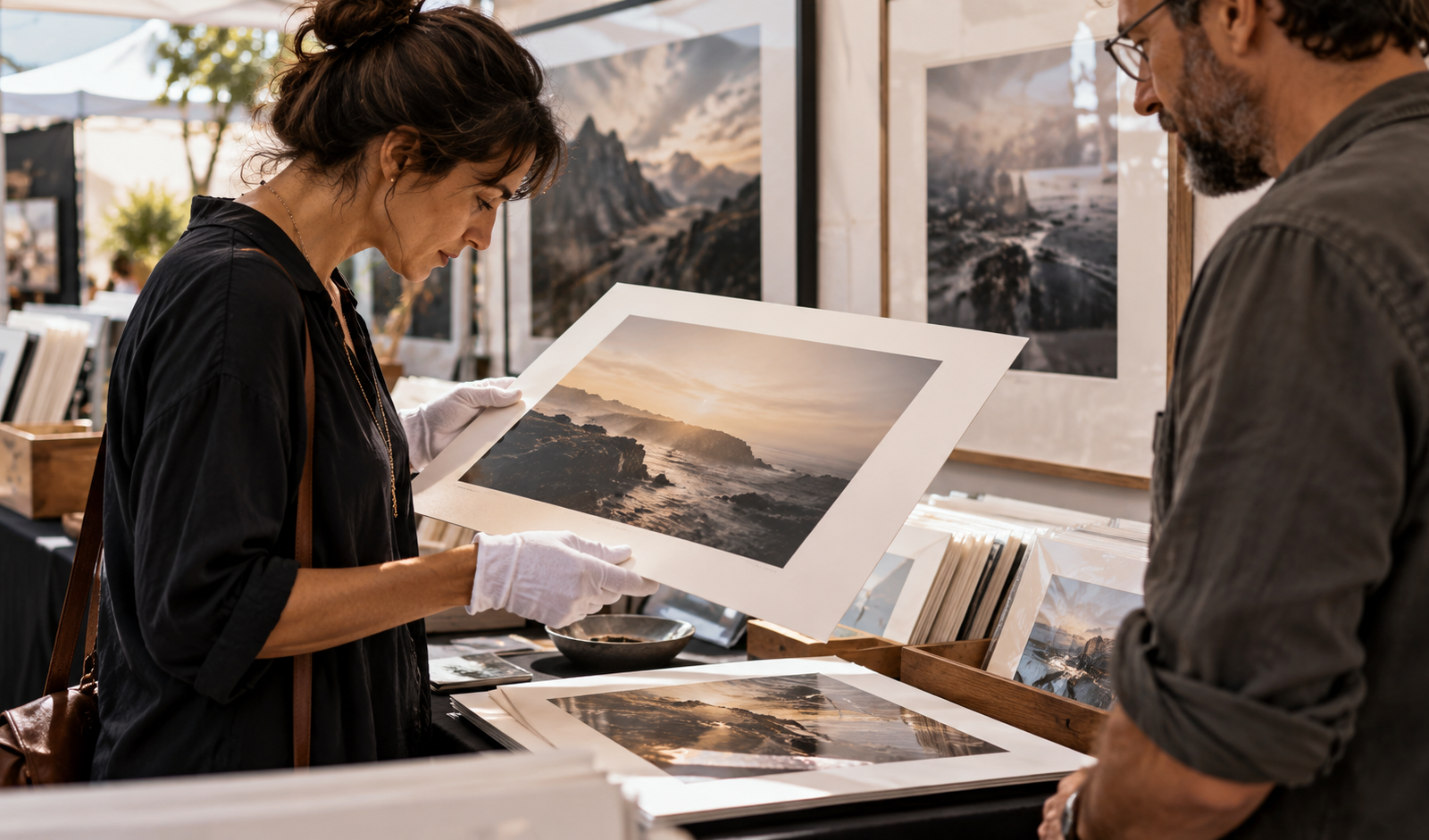 A visitor examines a fine art photography print at an art show booth