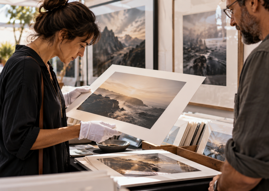 A visitor examines a fine art photography print at an art show booth