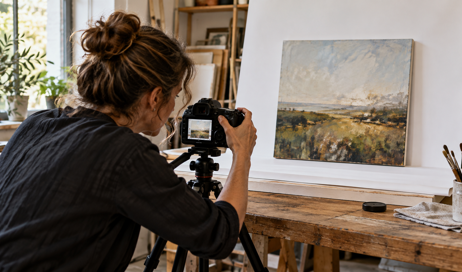 An artist photographs a landscape painting against a neutral background