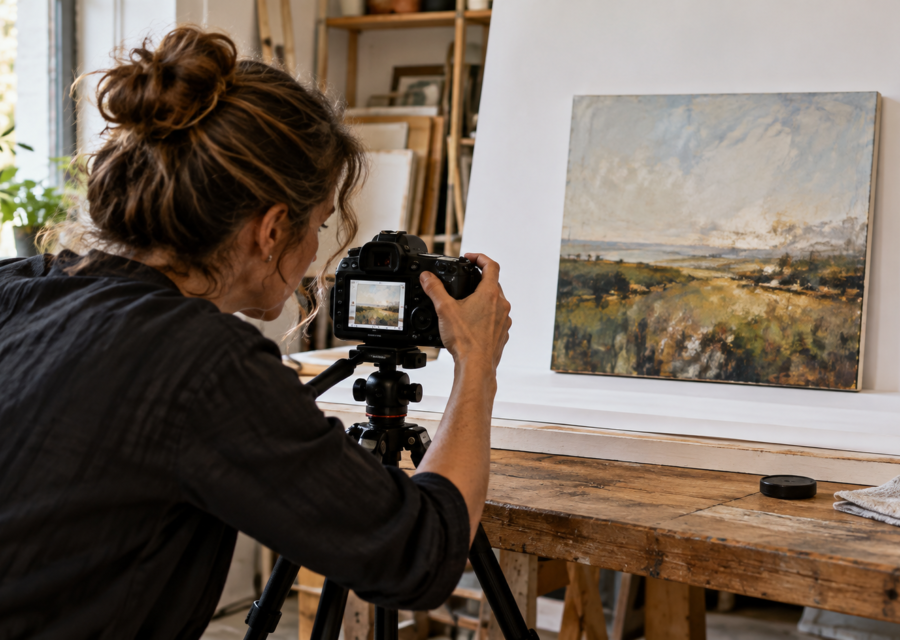 An artist photographs a landscape painting against a neutral background
