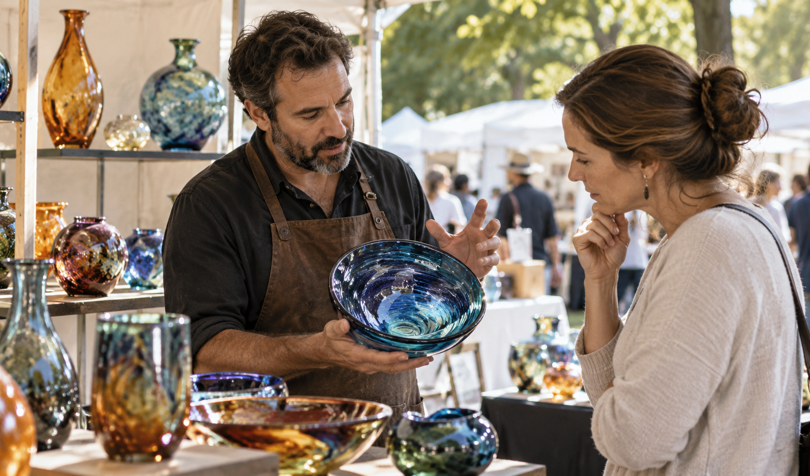 A glass artist shows a blue handblown bowl to a visitor at an art show