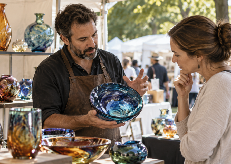 A glass artist shows a blue handblown bowl to a visitor at an art show