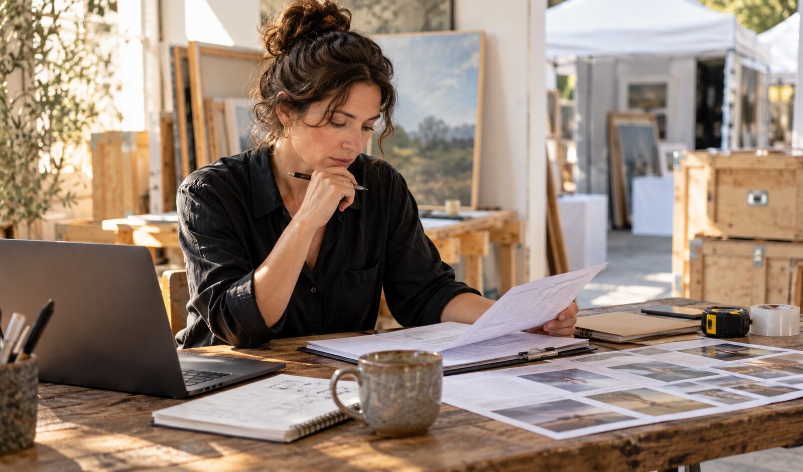An artist reads art show paperwork beside a laptop and portfolio images
