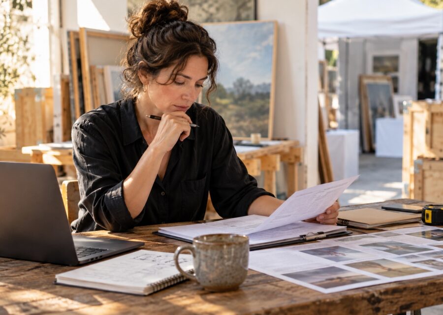 An artist reads art show paperwork beside a laptop and portfolio images