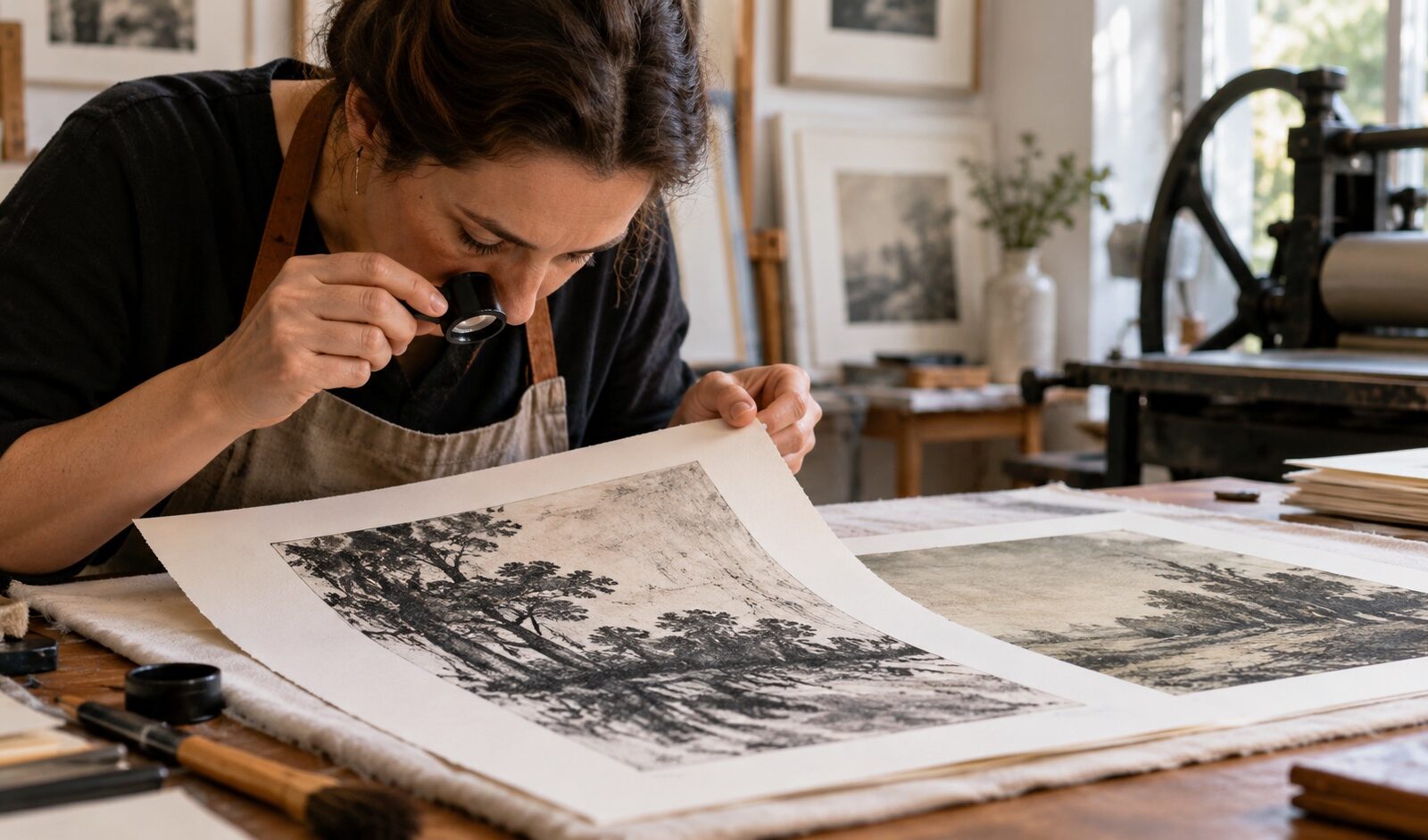A printmaker examines a black-and-white print beside a printing press