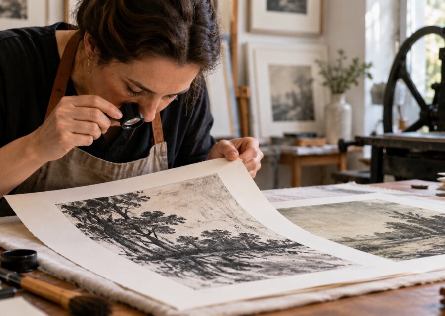 A printmaker examines a black-and-white print beside a printing press