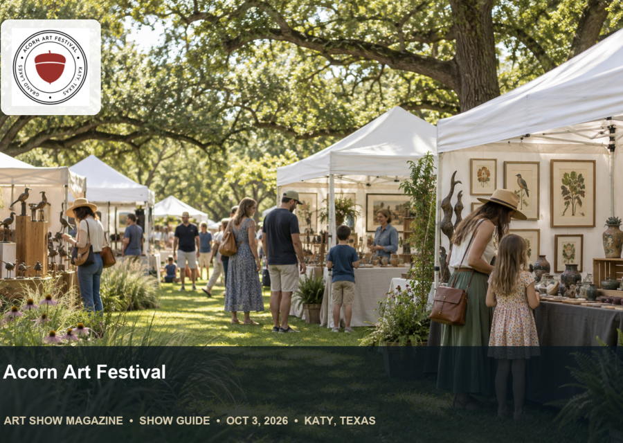 Conceptual editorial scene for Acorn Art Festival in Katy, Texas, with the official event mark.
