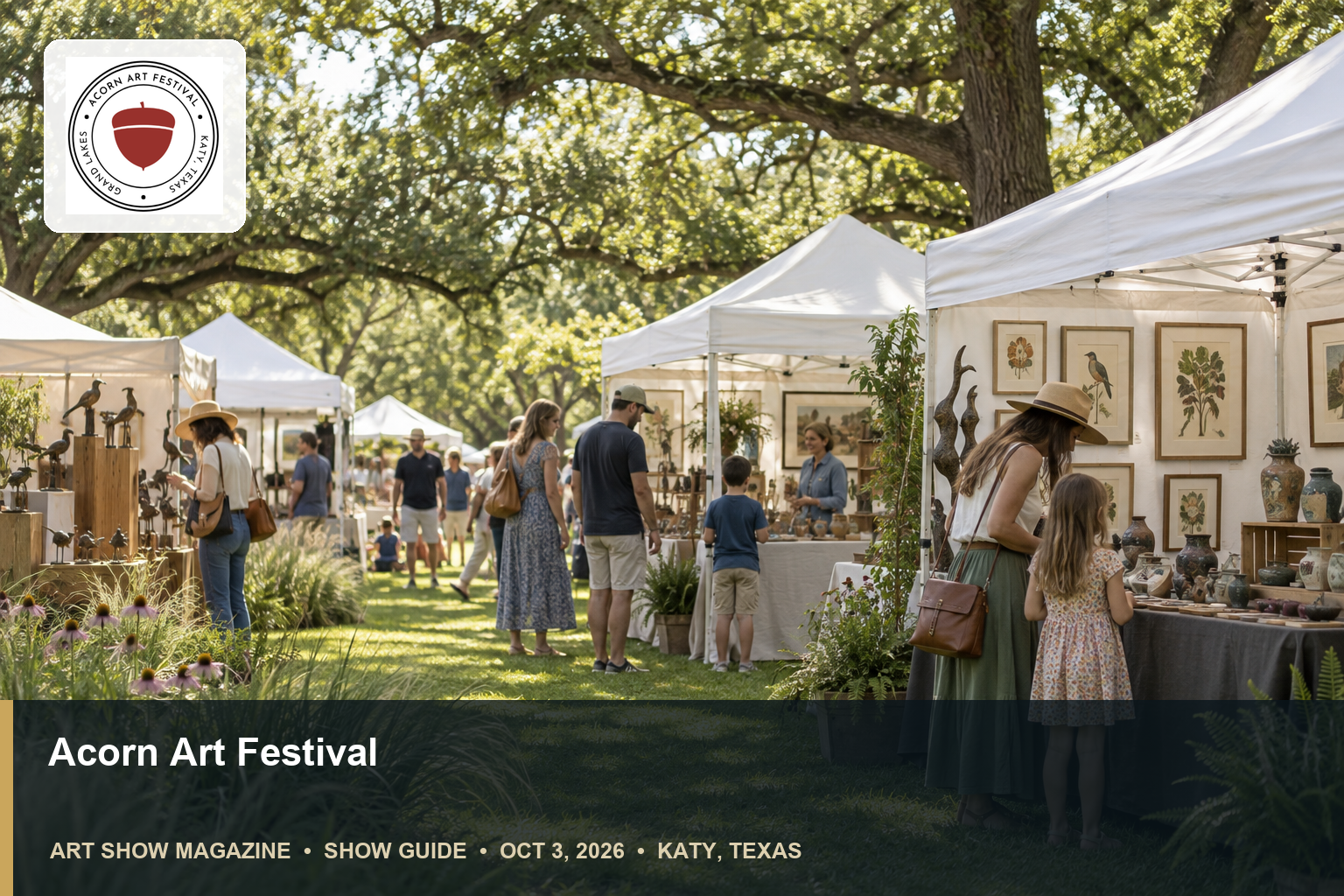 Conceptual editorial scene for Acorn Art Festival in Katy, Texas, with the official event mark.