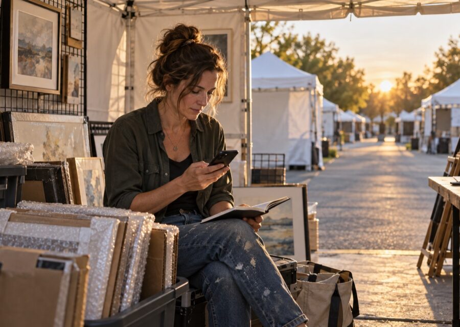 Concept image of an artist reviewing notes and a phone inside a packed art show booth at sunset.