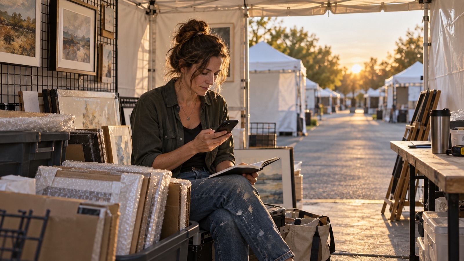 Concept image of an artist reviewing notes and a phone inside a packed art show booth at sunset.