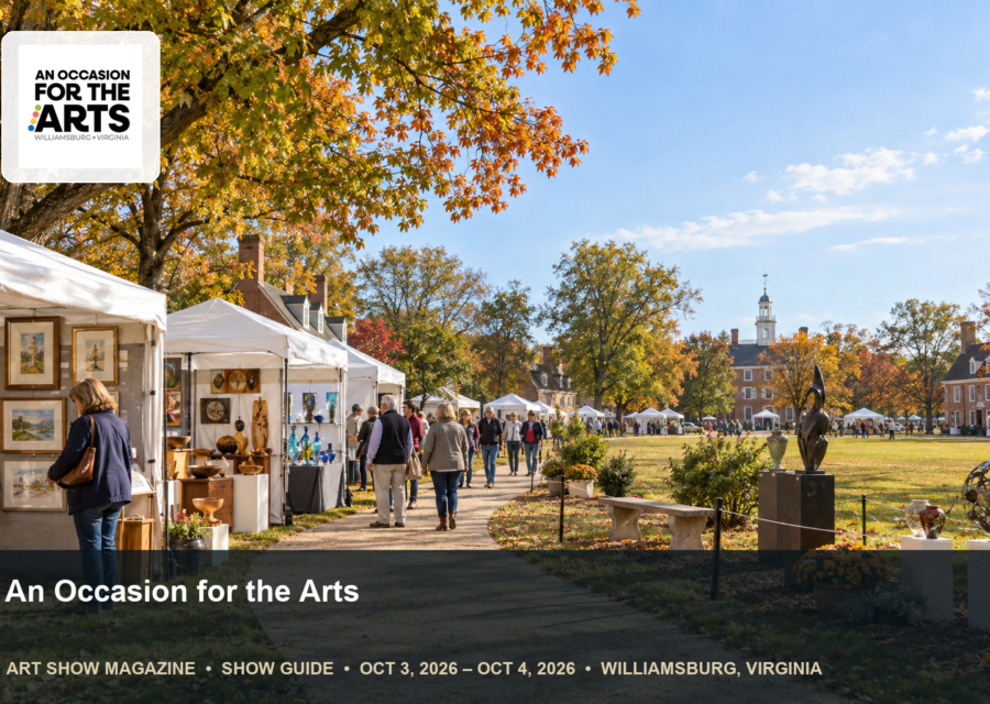 Conceptual editorial scene for An Occasion for the Arts in Williamsburg, Virginia, with the official event mark.