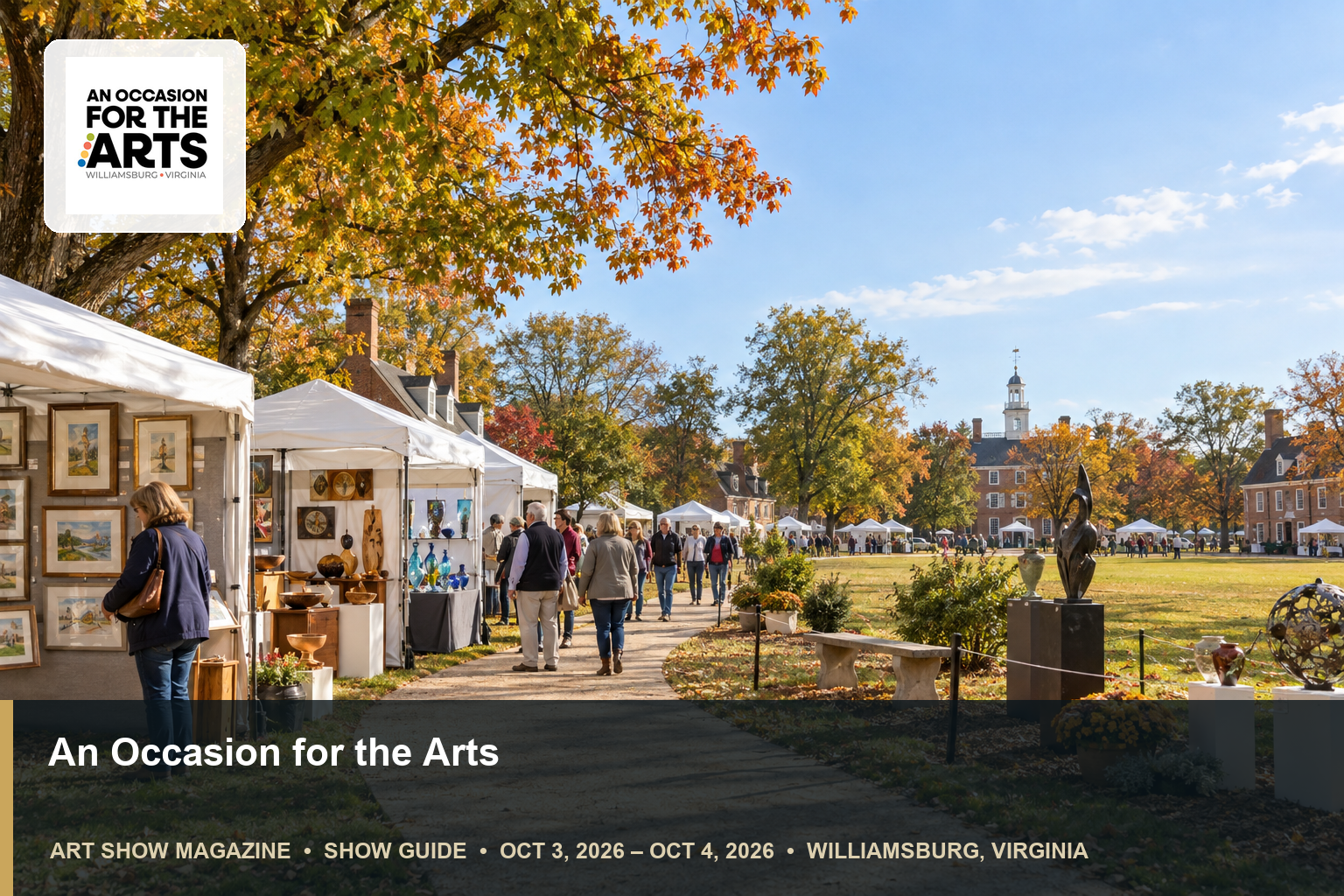 Conceptual editorial scene for An Occasion for the Arts in Williamsburg, Virginia, with the official event mark.
