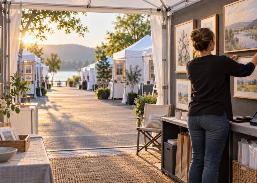 Concept image of an artist straightening a price label in a finished outdoor art show booth before opening.