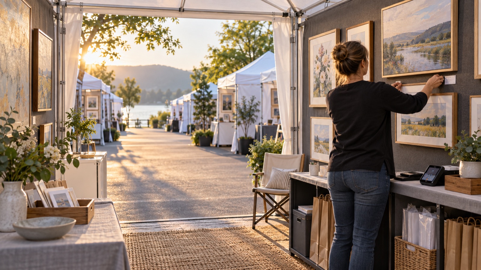 Concept image of an artist straightening a price label in a finished outdoor art show booth before opening.