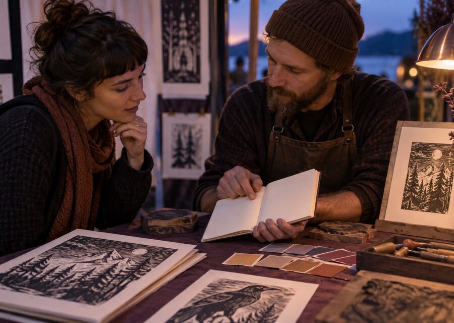Printmaker and visitor studying a blank sketchbook and color swatches at an evening art show booth.