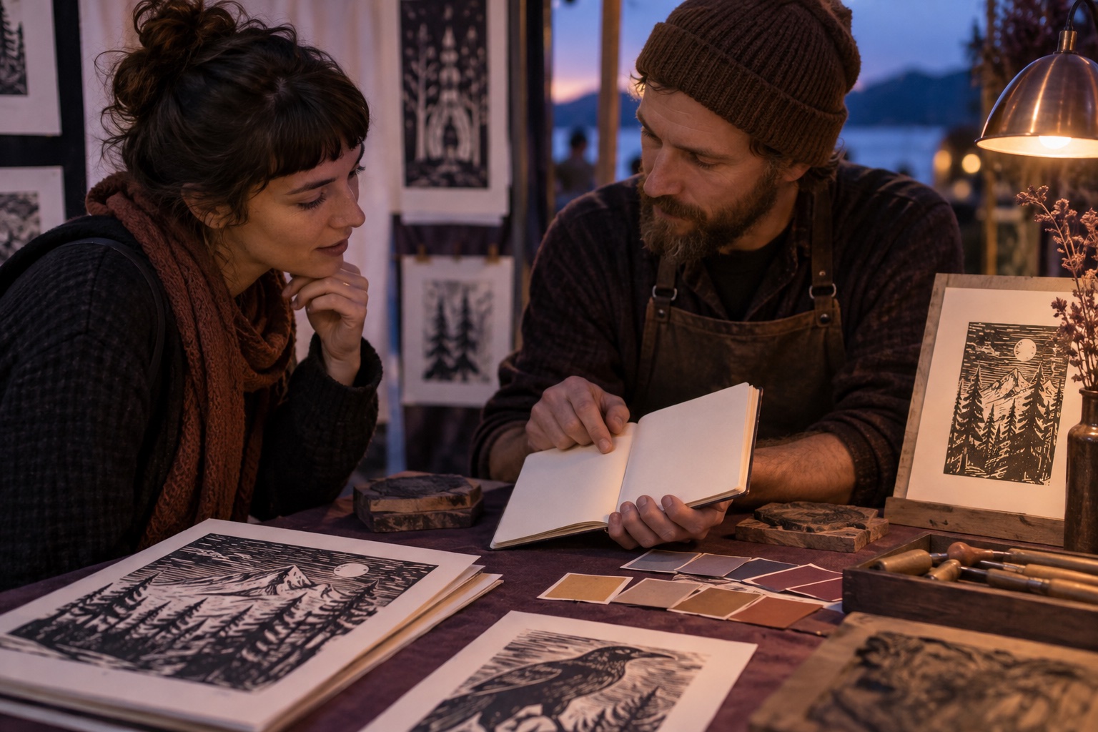 Printmaker and visitor studying a blank sketchbook and color swatches at an evening art show booth.