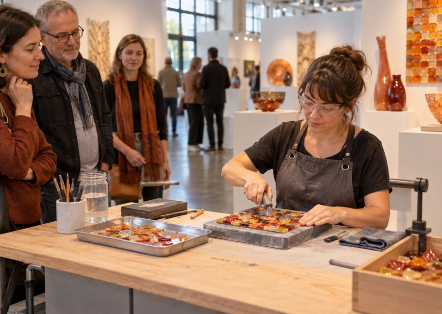 Glass mosaic artist demonstrating a small project while visitors watch at an indoor art fair.