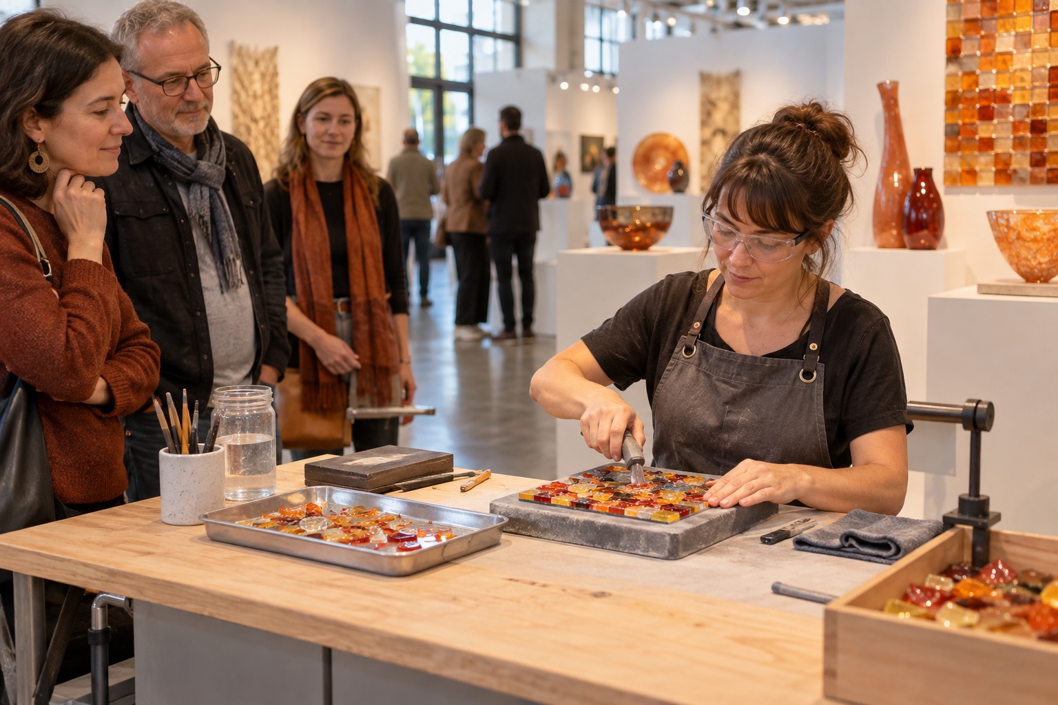 Glass mosaic artist demonstrating a small project while visitors watch at an indoor art fair.