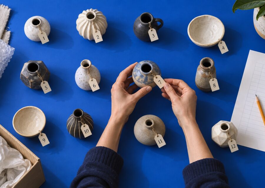 Hands checking numbered ceramic vessels against an inventory sheet on a blue table.