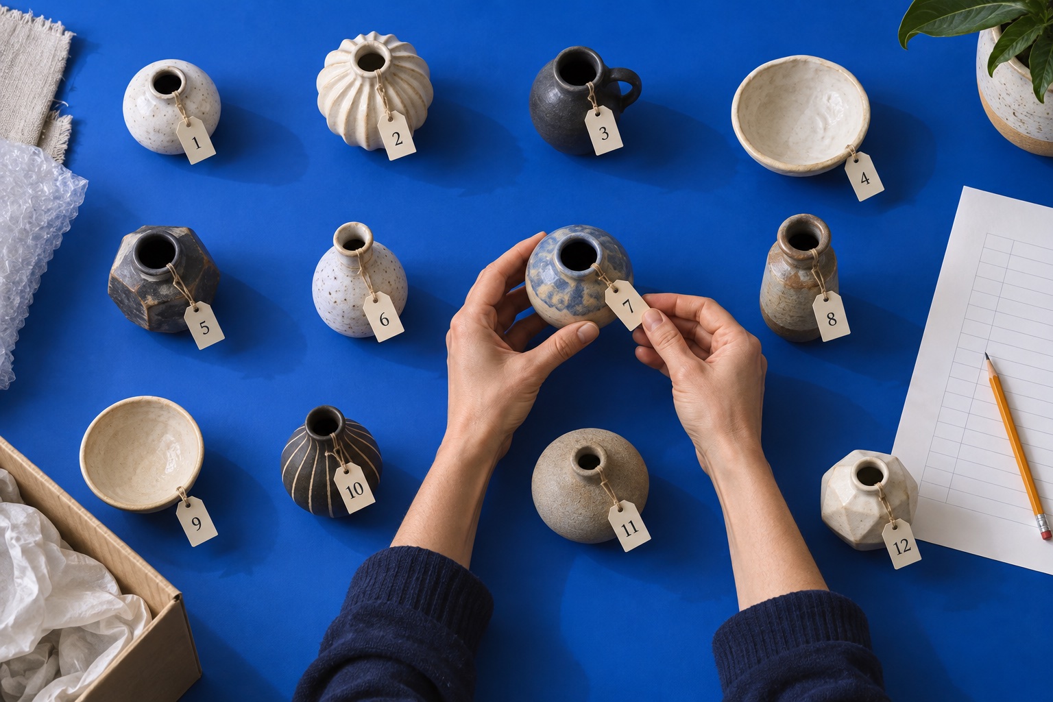 Hands checking numbered ceramic vessels against an inventory sheet on a blue table.