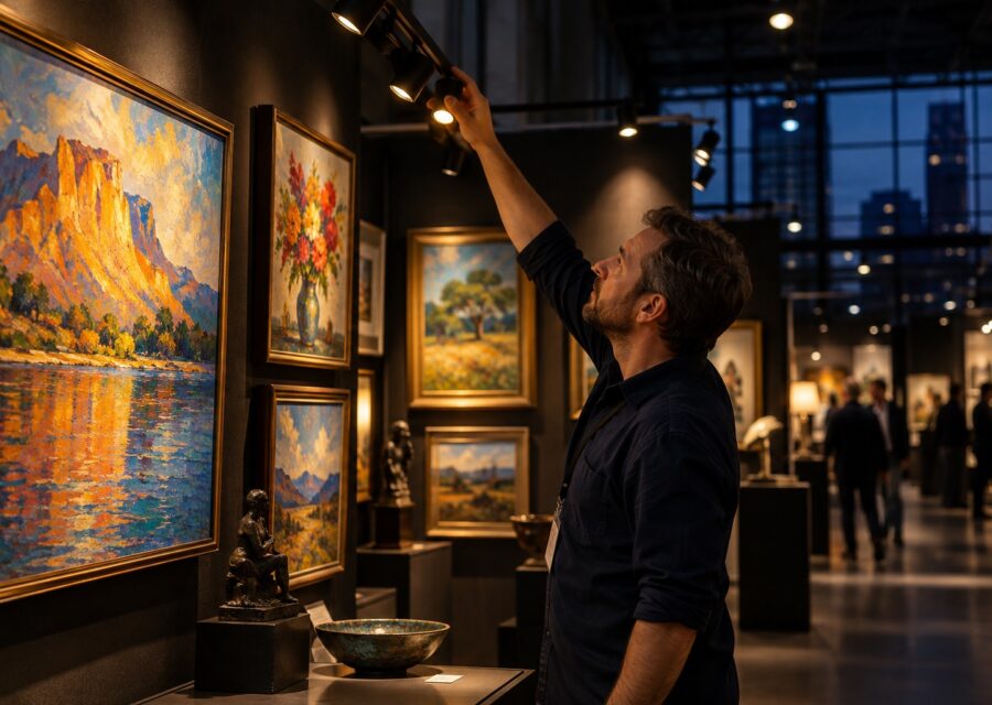 Artist adjusting a warm spotlight over framed paintings in an indoor art fair booth.