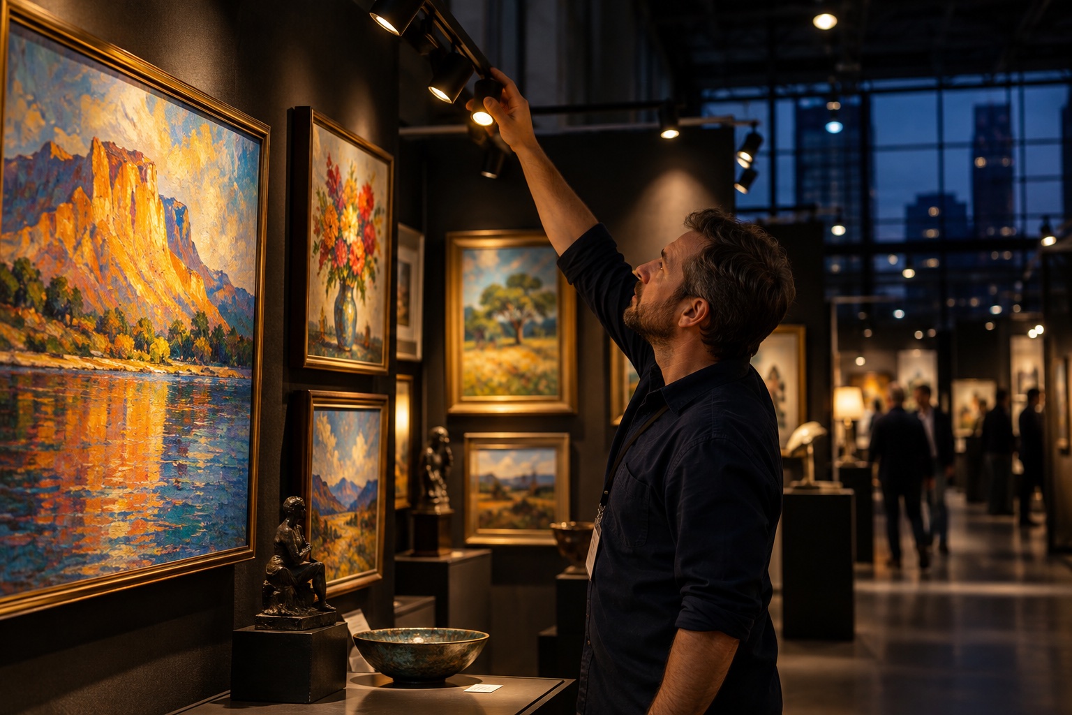 Artist adjusting a warm spotlight over framed paintings in an indoor art fair booth.