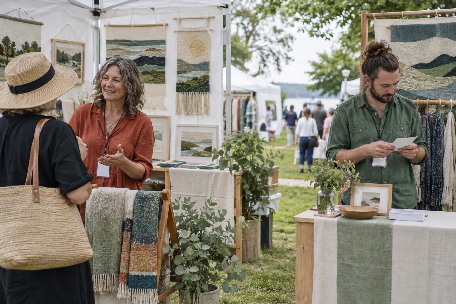 Two textile artists dividing visitor and counter duties in an outdoor art fair booth.