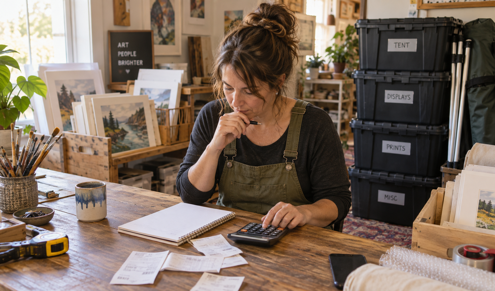 Artist using a calculator beside art show receipts and packed booth supplies