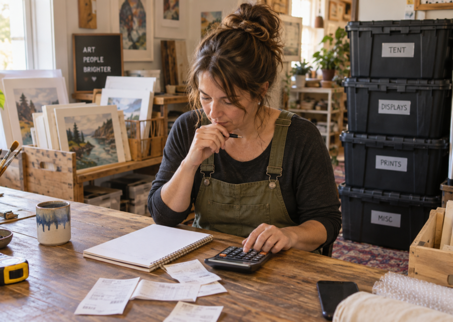 Artist using a calculator beside art show receipts and packed booth supplies