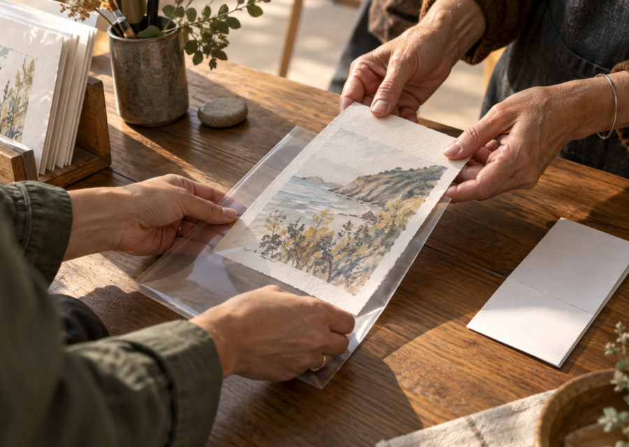 Hands placing a small original watercolor into a protective sleeve on a wooden table.