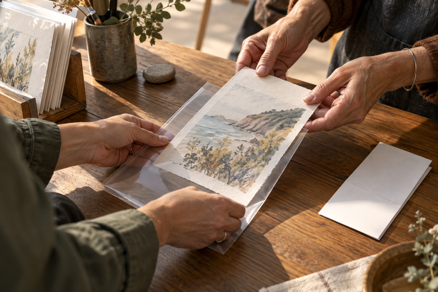 Hands placing a small original watercolor into a protective sleeve on a wooden table.