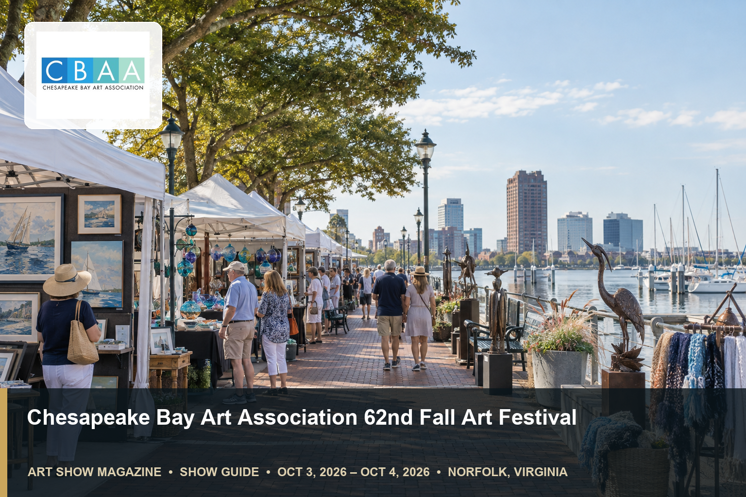Conceptual editorial scene for Chesapeake Bay Art Association Fall Art Festival in Norfolk, Virginia, with the official event mark.