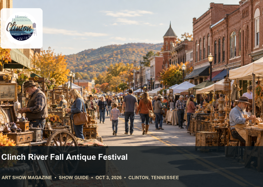 Conceptual editorial scene for Clinch River Fall Antique Festival in Clinton, Tennessee, with the official organizer mark.