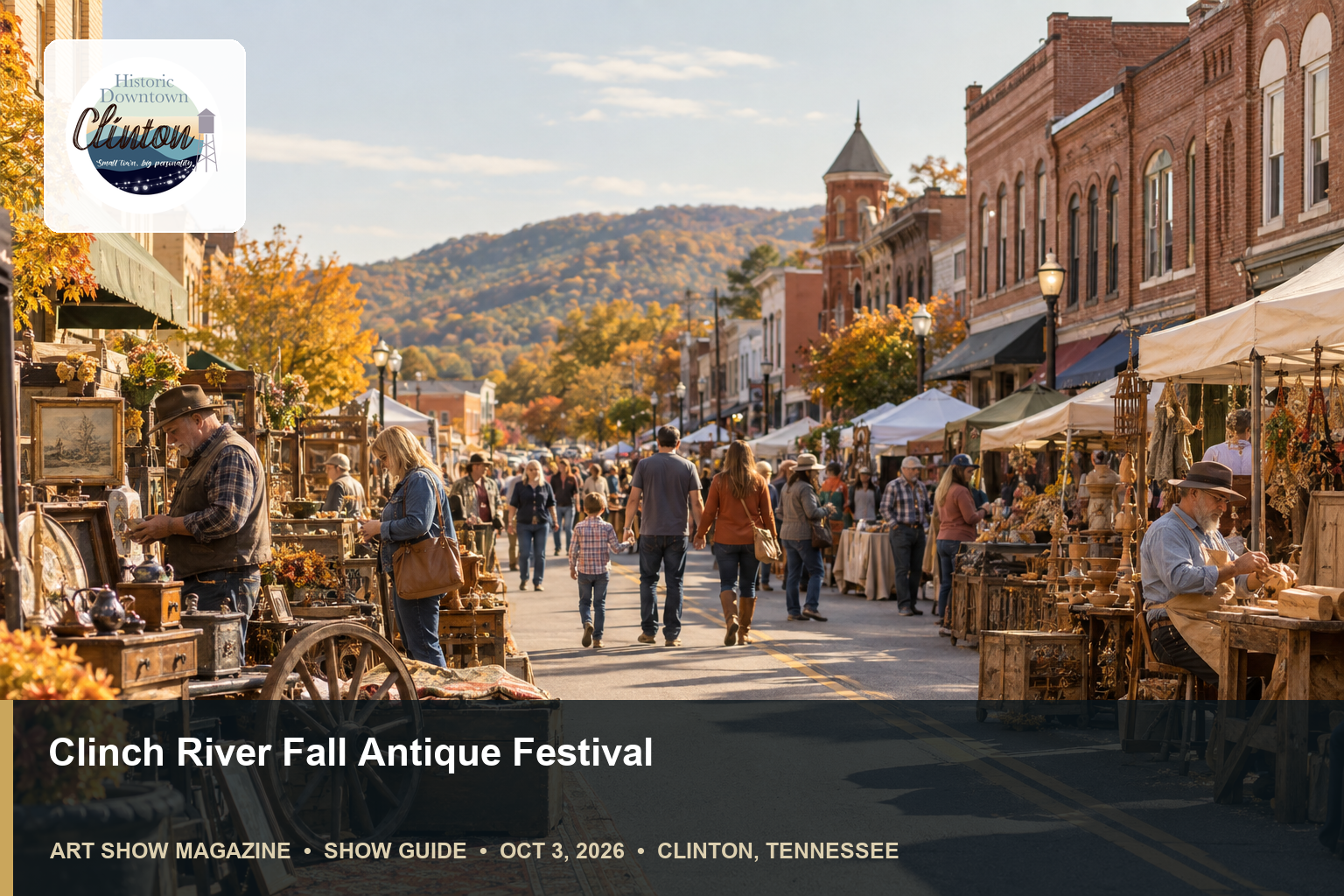 Conceptual editorial scene for Clinch River Fall Antique Festival in Clinton, Tennessee, with the official organizer mark.