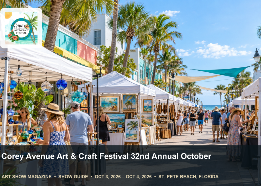 Conceptual editorial scene for Corey Avenue Art and Craft Festival in St. Pete Beach, Florida, with the official event mark.