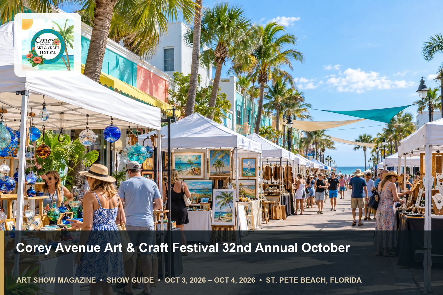 Conceptual editorial scene for Corey Avenue Art and Craft Festival in St. Pete Beach, Florida, with the official event mark.