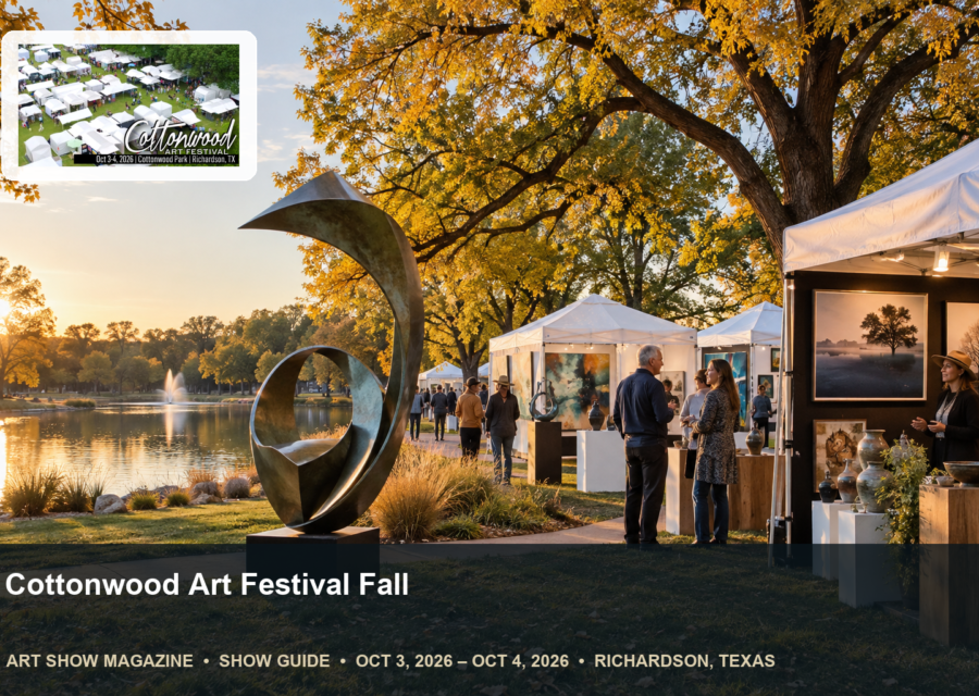 Conceptual editorial scene for Cottonwood Art Festival in Richardson, Texas, with the official event mark.