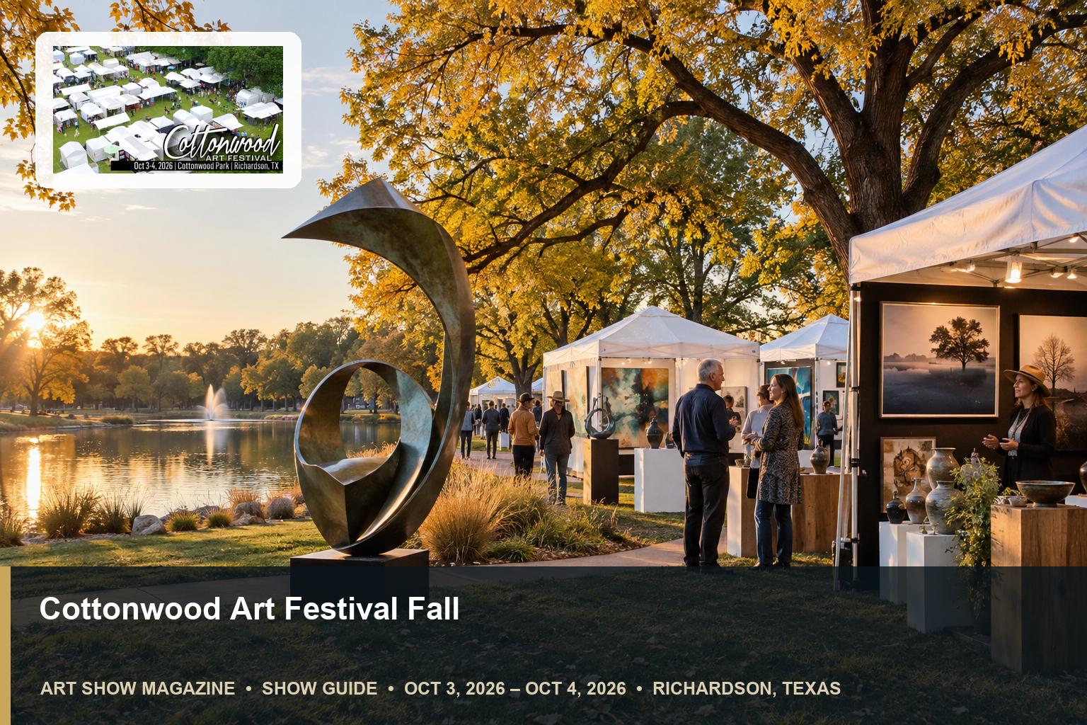 Conceptual editorial scene for Cottonwood Art Festival in Richardson, Texas, with the official event mark.
