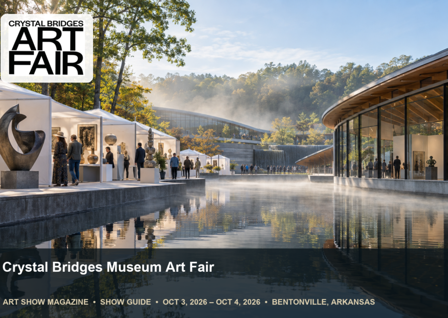 Conceptual editorial scene for Crystal Bridges Museum Art Fair in Bentonville, Arkansas, with the official event mark.