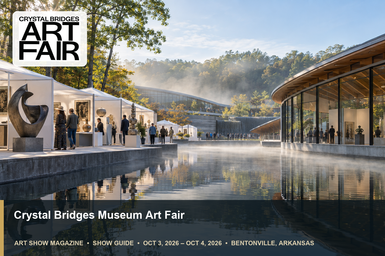 Conceptual editorial scene for Crystal Bridges Museum Art Fair in Bentonville, Arkansas, with the official event mark.