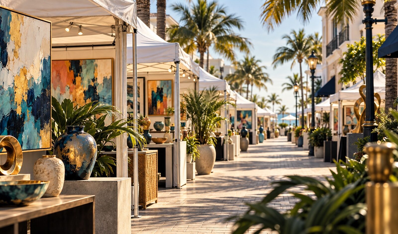 Concept illustration of artist tents, abstract art and ceramics along a palm-lined street for the Delray Beach show guide.