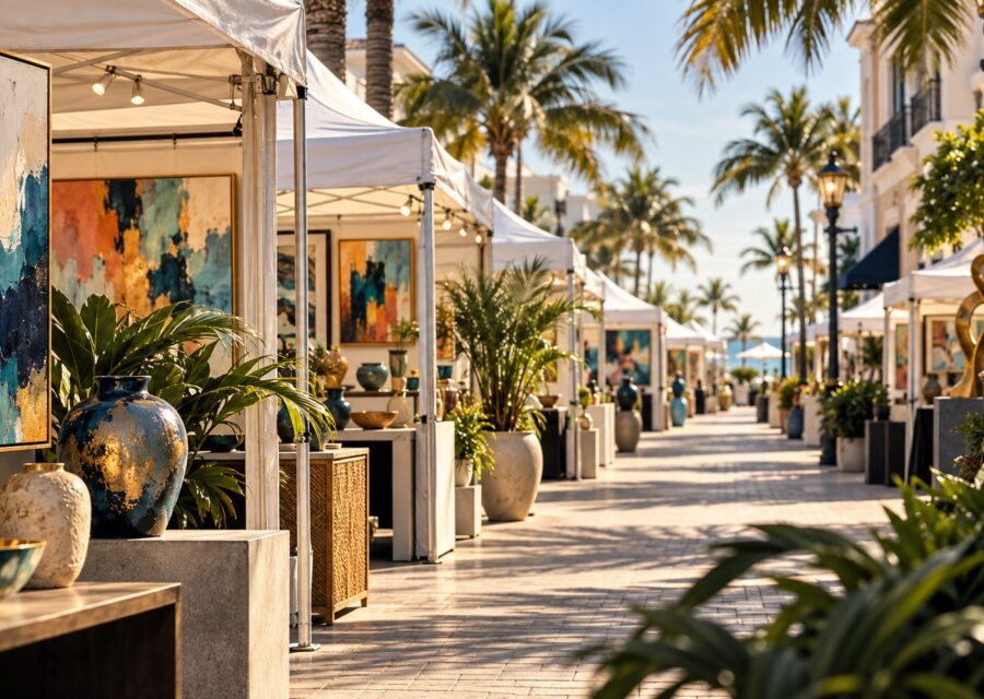 Concept illustration of artist tents, abstract art and ceramics along a palm-lined street for the Delray Beach show guide.