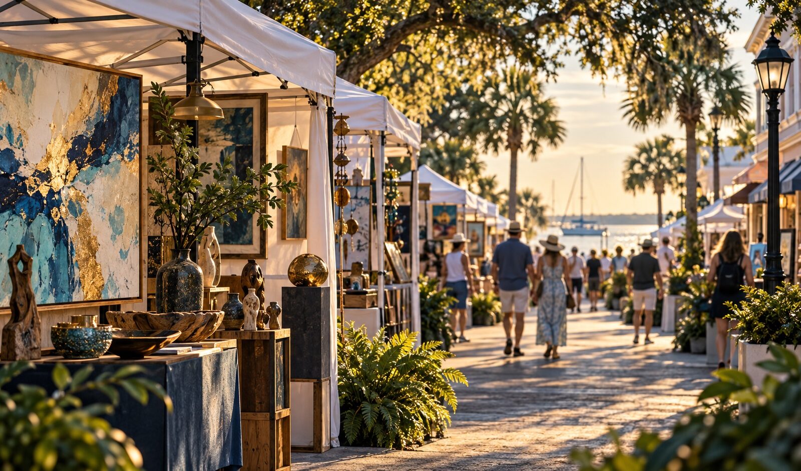 Concept illustration of artist tents and handmade art beneath shade trees near the waterfront for the Dunedin show guide.