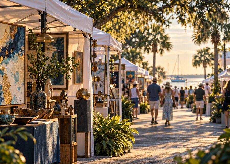 Concept illustration of artist tents and handmade art beneath shade trees near the waterfront for the Dunedin show guide.
